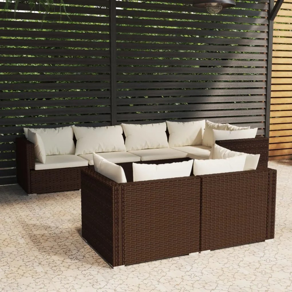 Set divani da giardino 7 pz con cuscini in polyrattan marrone