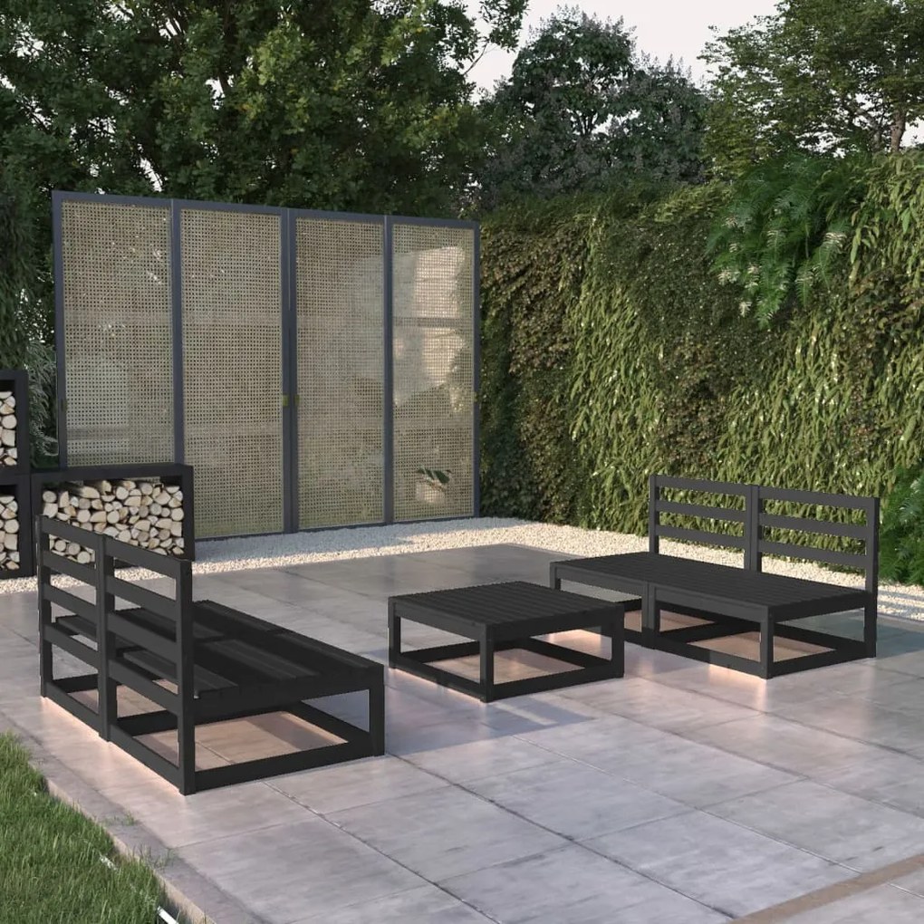 Set divani da giardino 5 pz nero in legno massello di pino