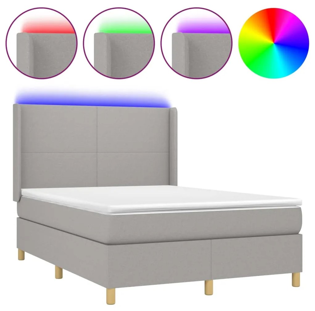 Letto a molle materasso e led grigio chiaro 140x200 cm tessuto