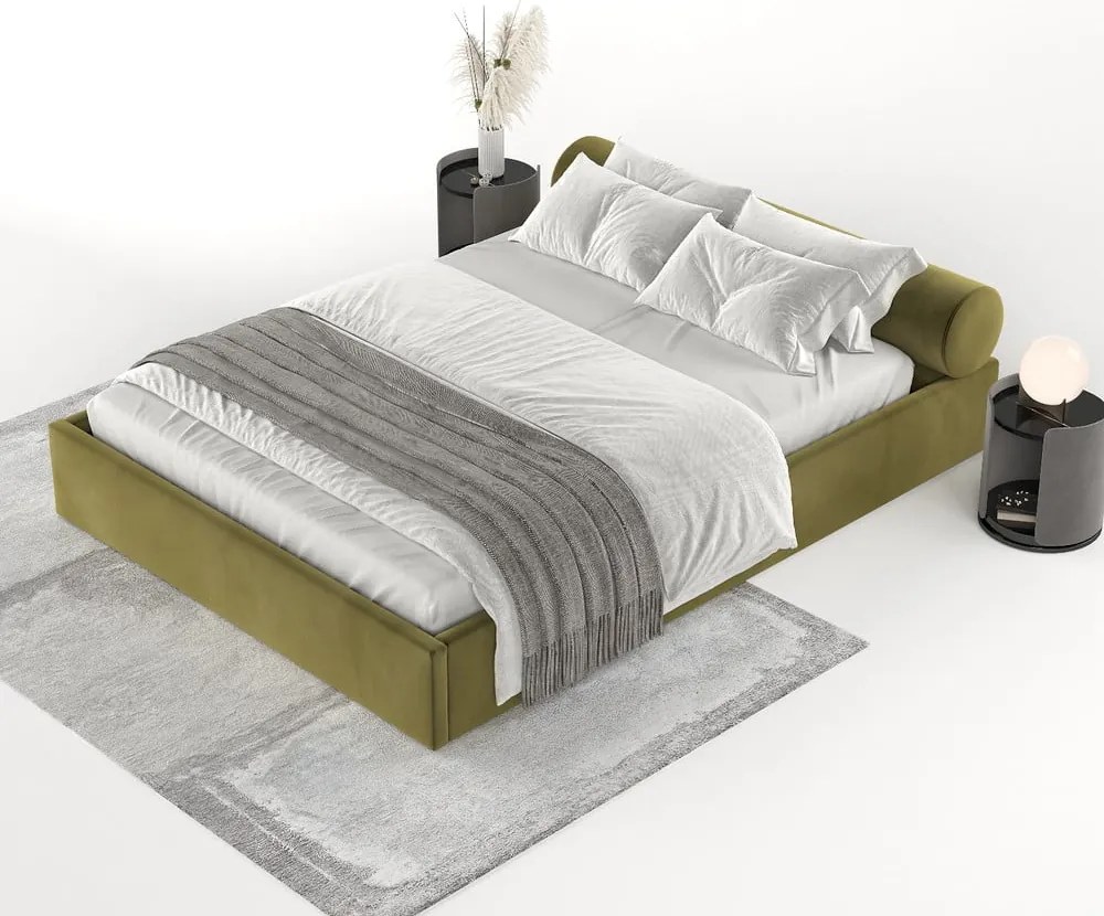 Letto matrimoniale imbottito verde scuro con contenitore e rete inclusi 200x200 cm Solvo – Maison de Rêve