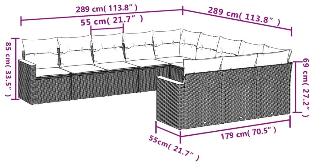 Set divani da giardino 11 pz con cuscini in polyrattan grigio