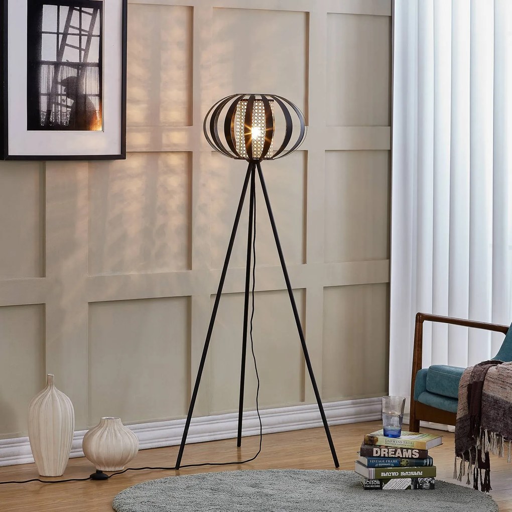 Lampada da terra Lindby Tamira, nera, rattan, altezza 143 cm, E27