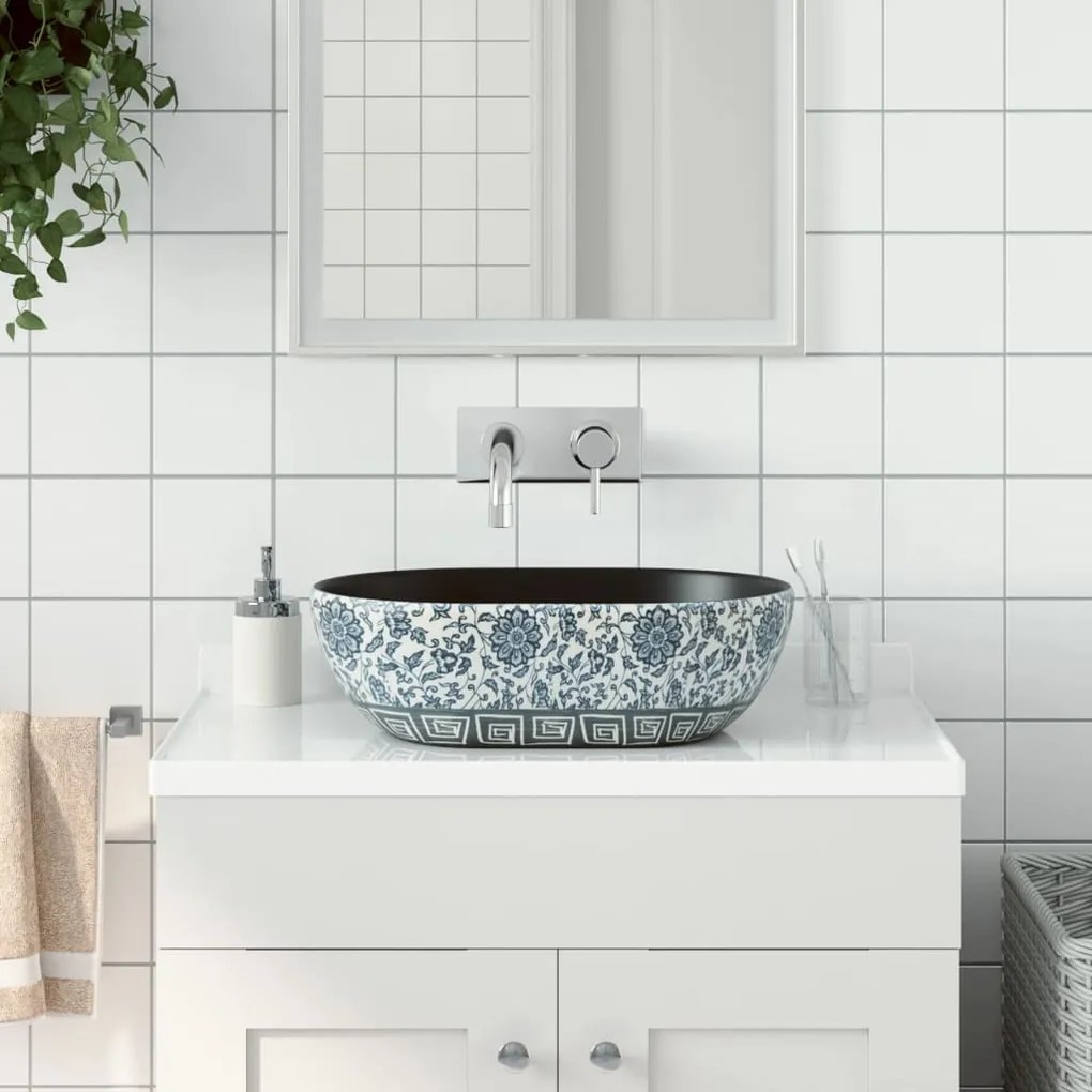 Lavabo Da Appoggio Nero E Blu Ovale 47x33x13 Cm Ceramica /