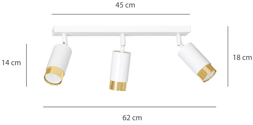 Plafoniera 3 Luci A Faretti Orientabili A Cilindro In Acciaio Bianco E Oro