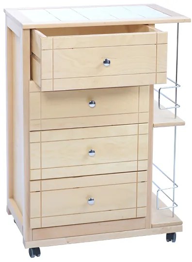 Carrello da cucina GIADA con 4 cassetti e portabottiglie Naturale