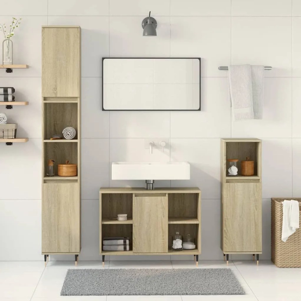 Set mobili da bagno 3 pz rovere sonoma in legno multistrato