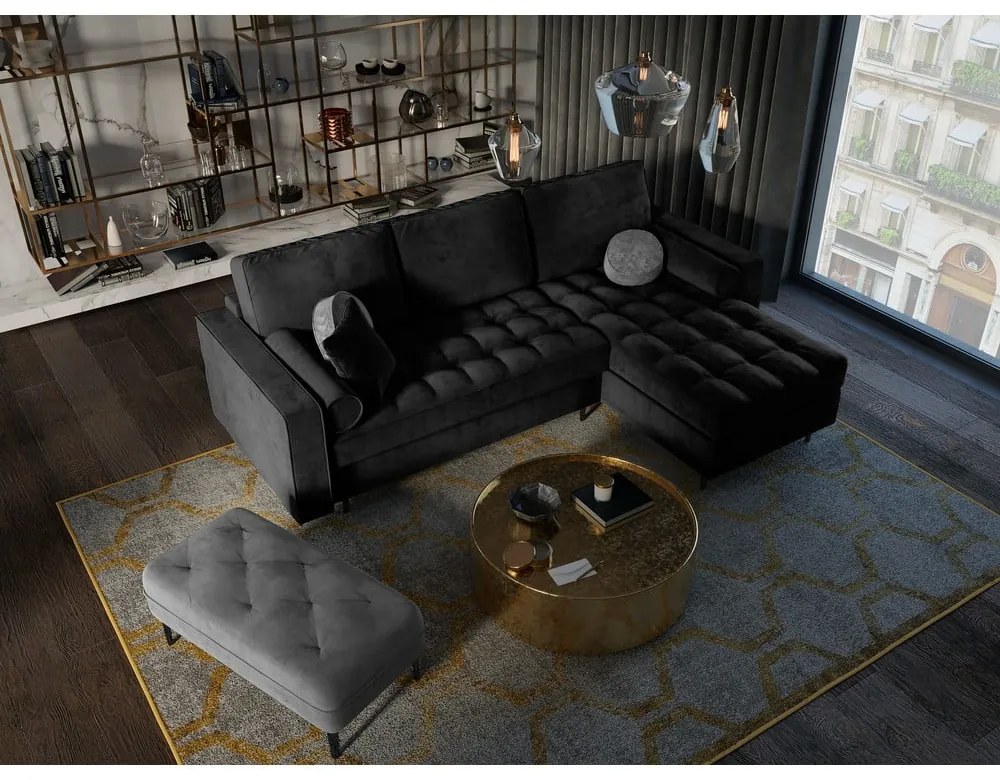 Divano letto angolare in velluto nero, angolo destro Santo - Milo Casa