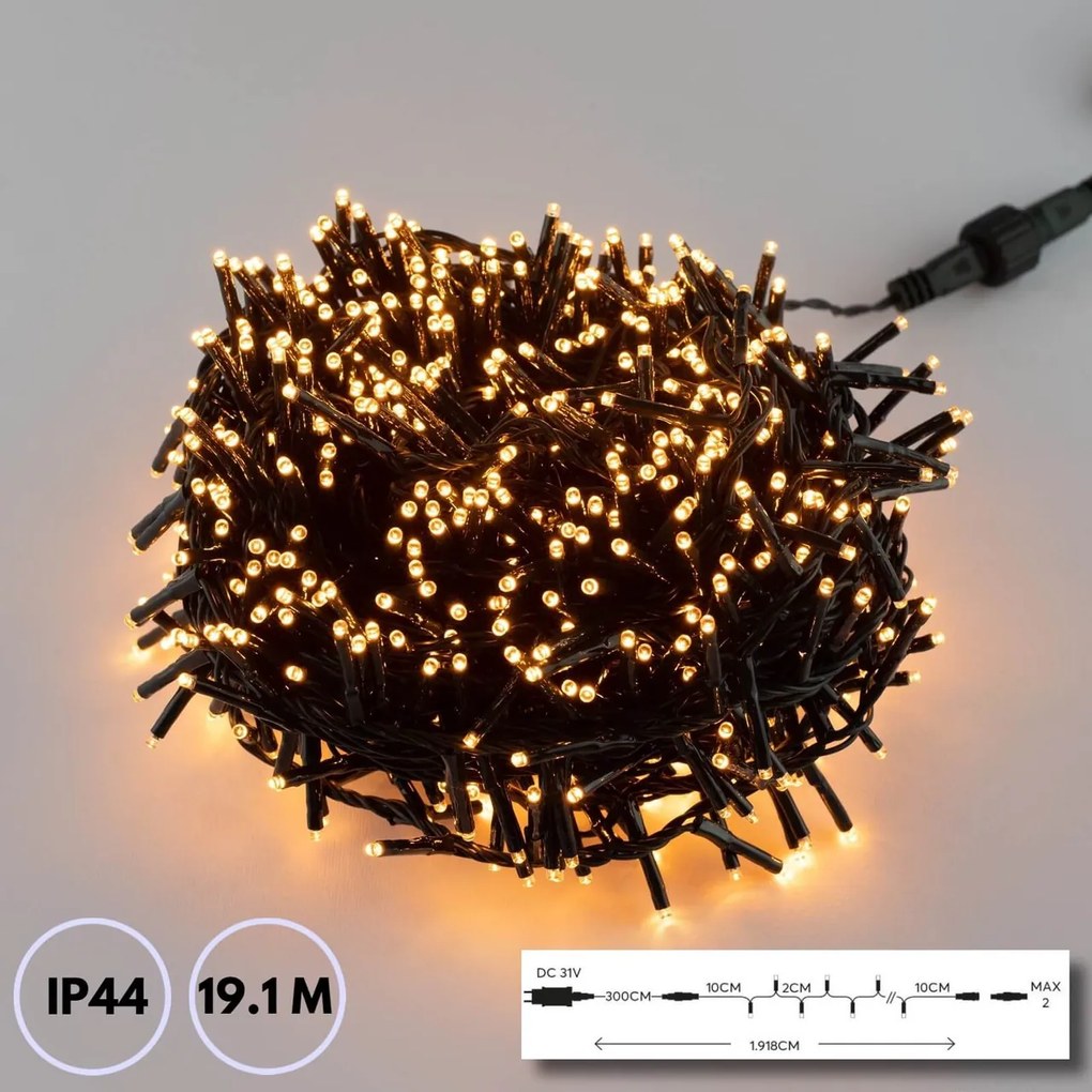 Catenaria Natalizia LED 19.1m IP44 Cavo VERDE Colore Bianco Caldo 2200 - 2300 °K