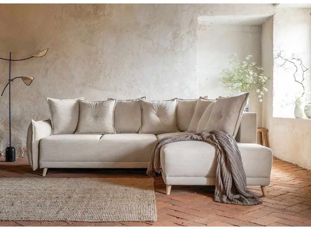 Divano letto angolare in velluto a coste beige (angolo destro) Lazy Lukka - Miuform