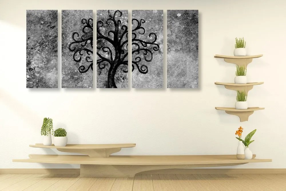 Quadri 5 pezzi – Albero della vita in bianco e nero