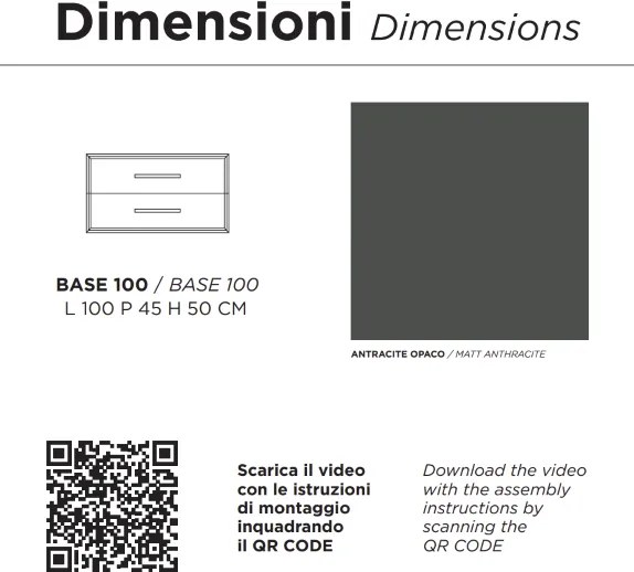 Mobile da bagno sospeso moderno base 100 CLASSIC con 2 cassetti e lavabo, ANTRACITE OPACO