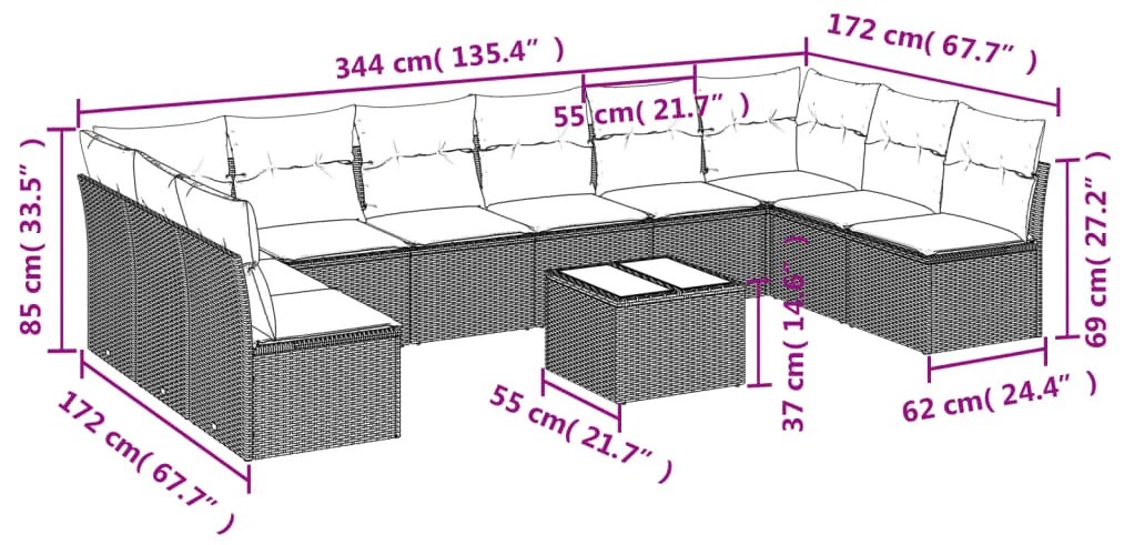 Set divani da giardino 11 pz con cuscini in polyrattan grigio