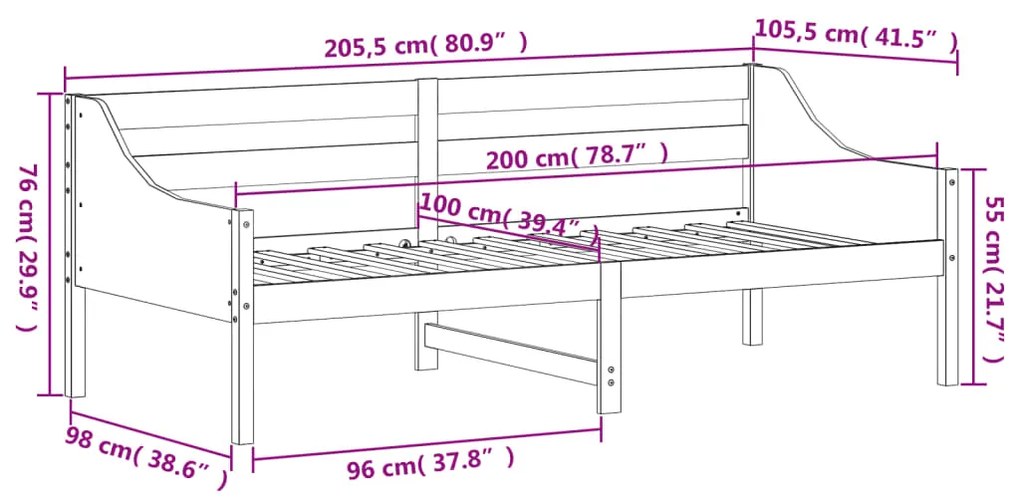 Dormeuse Marrone Cera 100x200 cm in Legno Massello di Pino