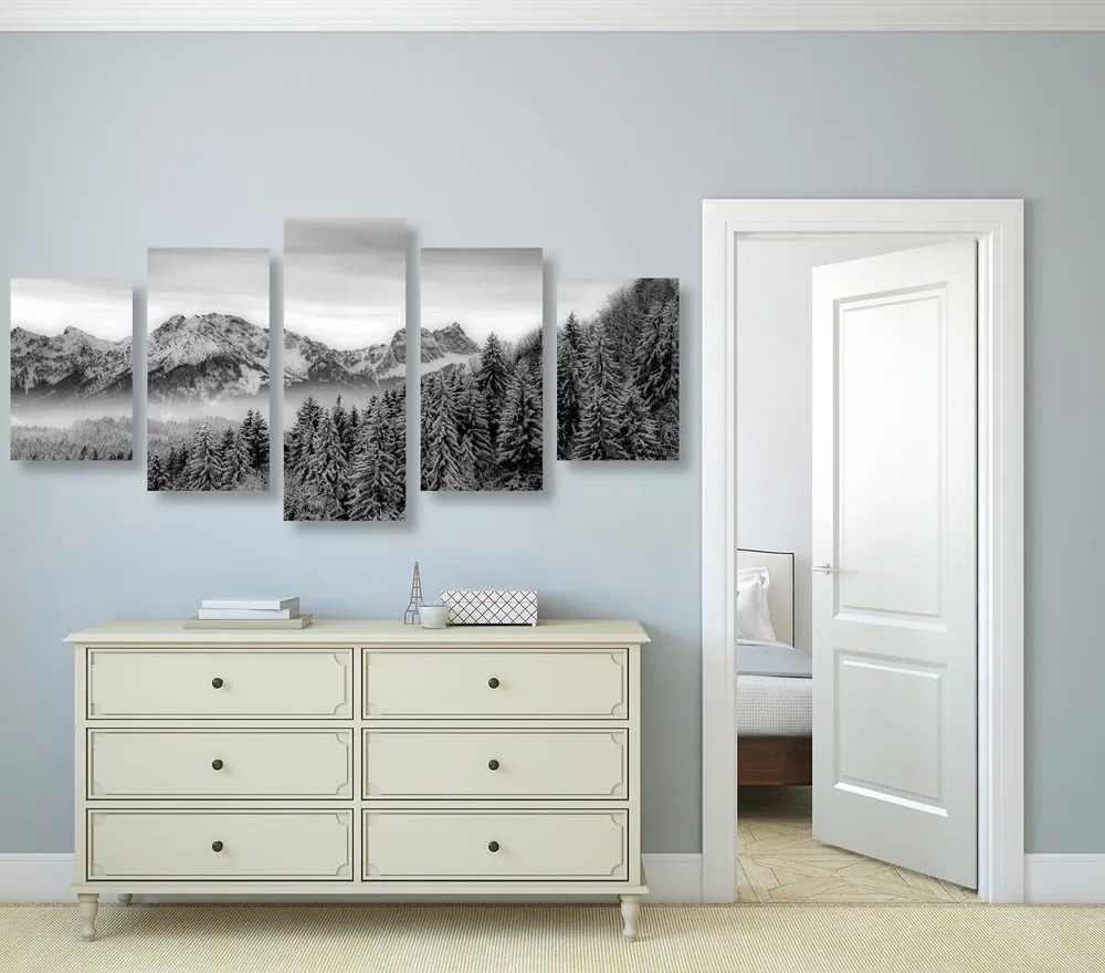 Quadri 5 pezzi – Montagne ghiacciate in bianco e nero
