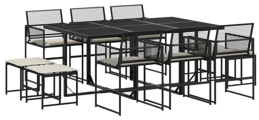 Set da pranzo da giardino 11 pz con cuscini in polyrattan nero