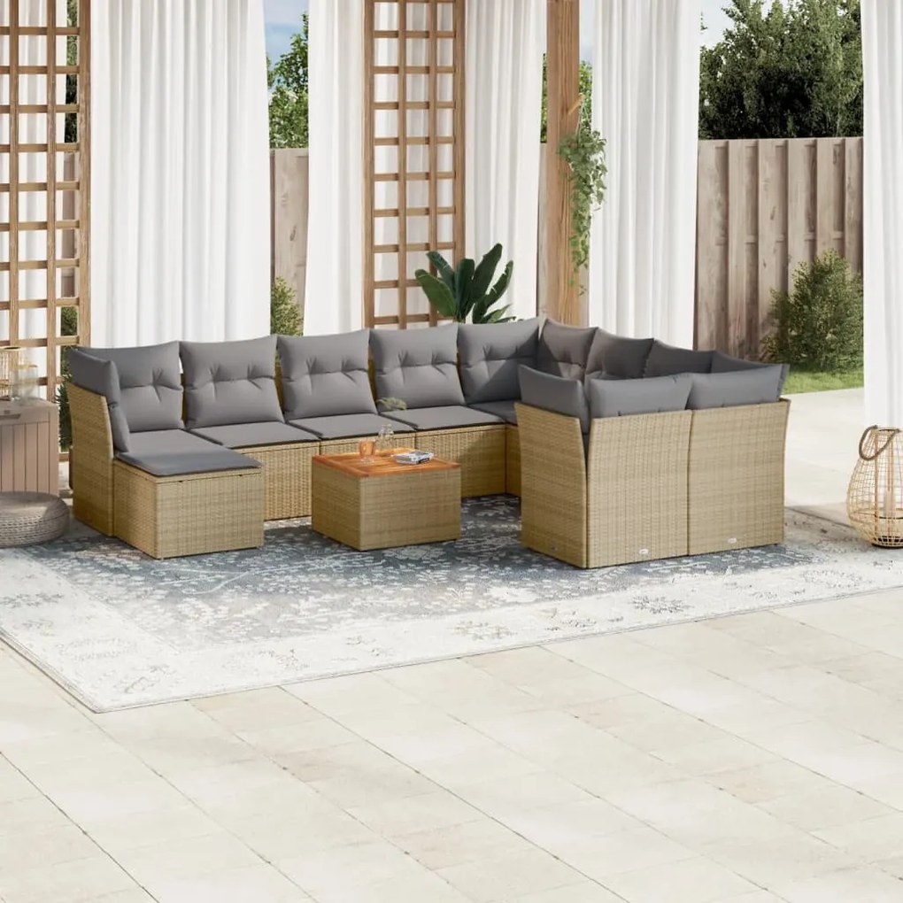 Set divani da giardino 11 pz con cuscini beige in polyrattan