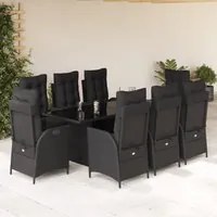 Set da Pranzo da Giardino 9 pz con Cuscini Nero in Polyrattan 3213353