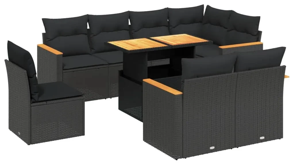 Set divani da giardino 9 pz con cuscini nero in polyrattan