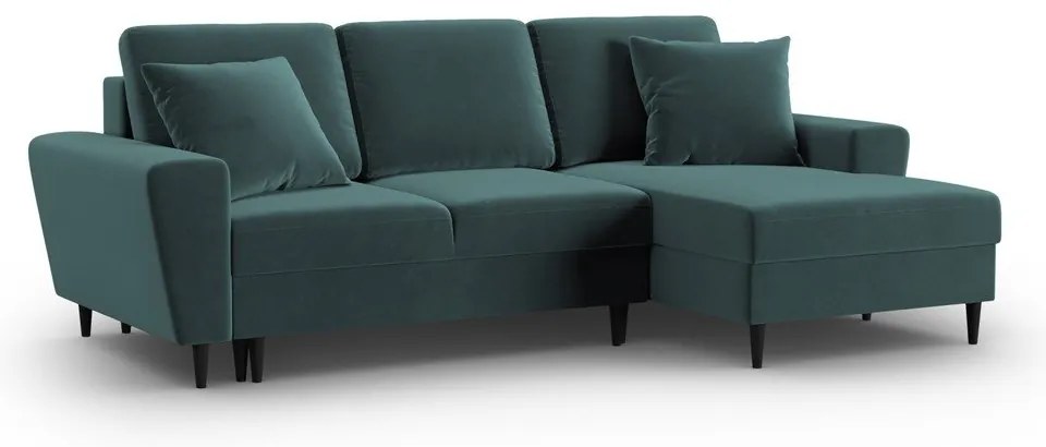 Divano angolare color petrolio allungabile e con contenitore (con penisola a destra/con chaise lounge) con rivestimento in velluto Kyoto – Cosmopolitan Design
