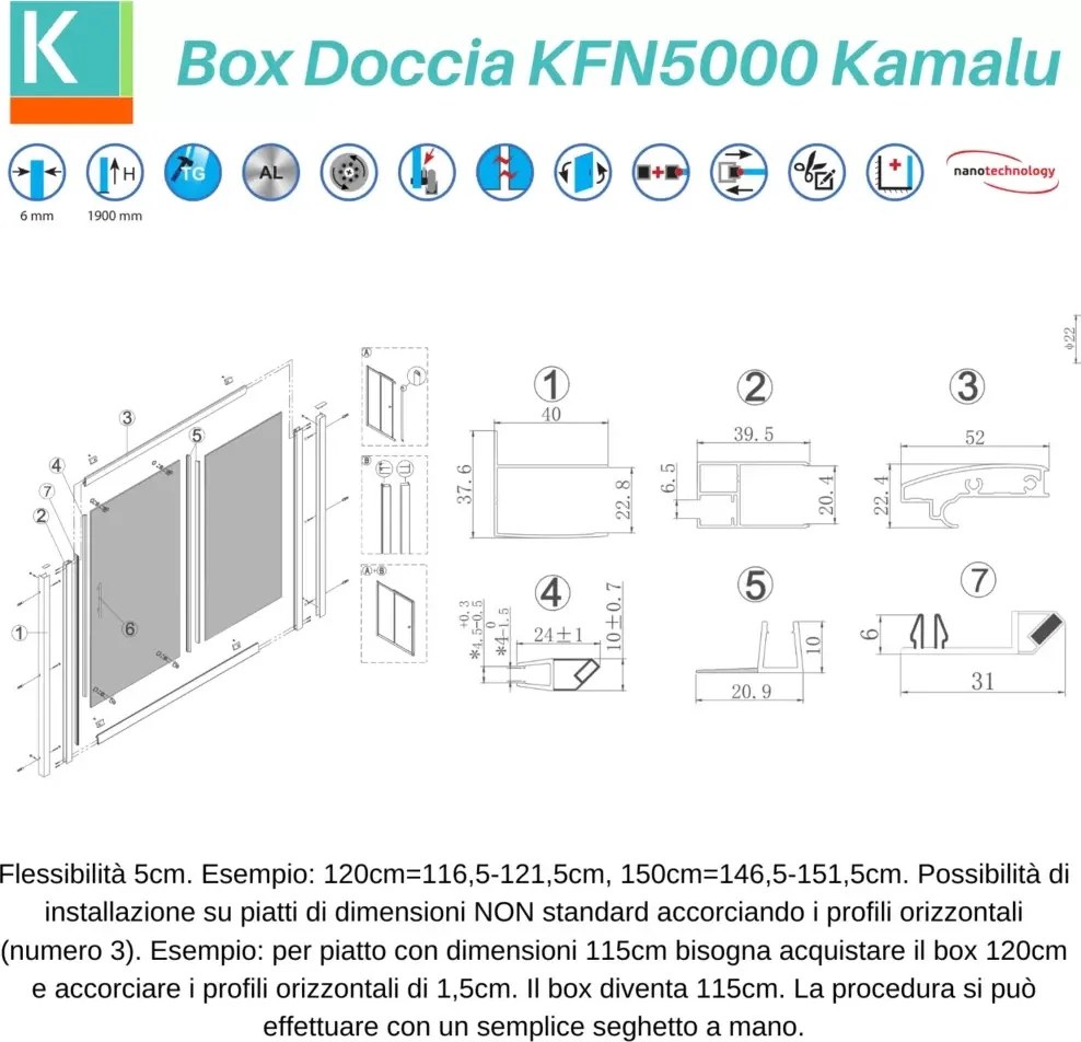 Porta doccia 150cm con telaio nero e anta scorrevole KFN5000 - KAMALU