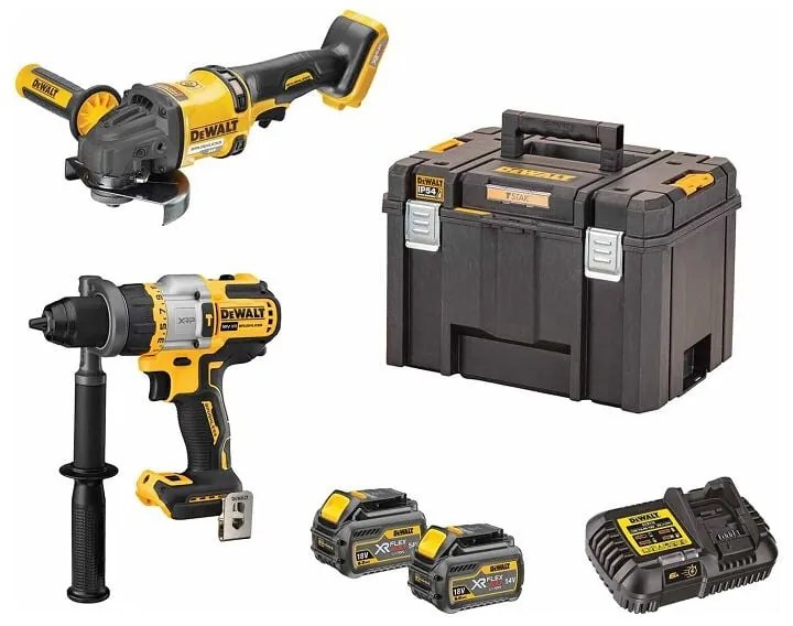 Dewalt - Set di utensili a batteria DCK2016T2T, 54 volt: DCD999 + DCG418, 2x 108 Wh e caricabatterie in tstak