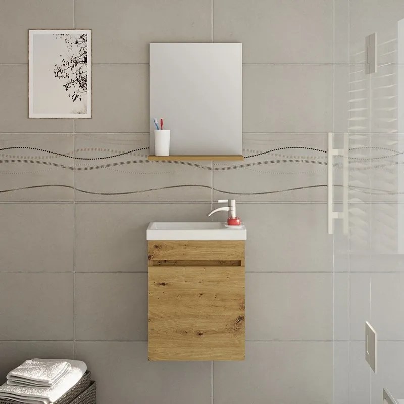 Kamalu - Specchio con mensola 40 cm colore legno naturale | LAC-POLIS-40- OAK