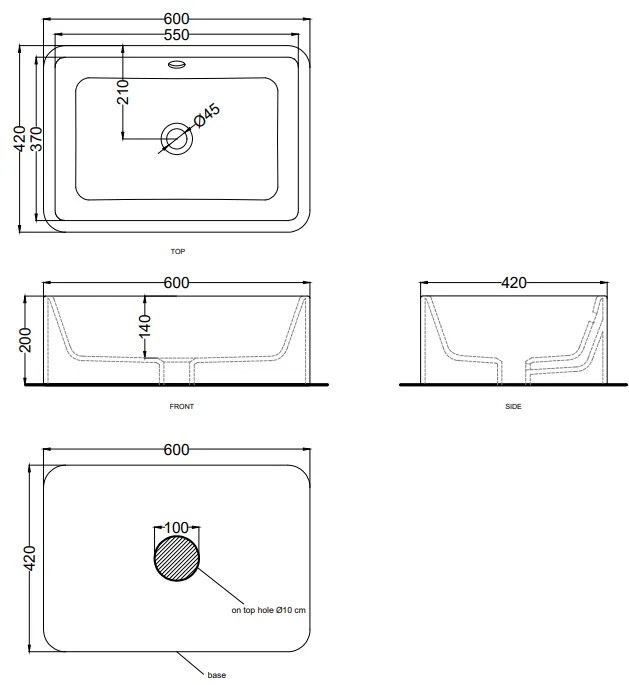 Cielo shui lavabo 60x42 da appoggio rettangolare con troppopieno in ceramica bianco lucido