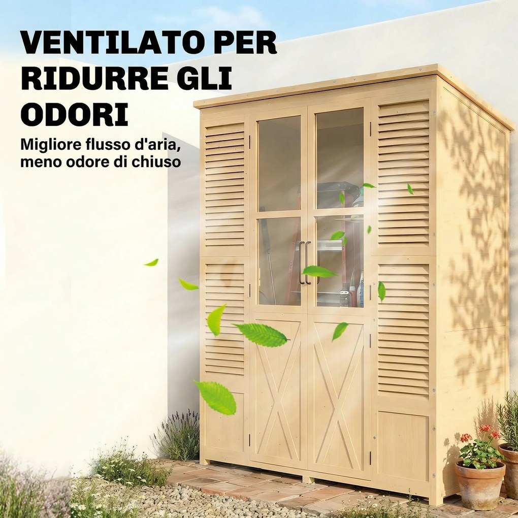 Armadio da Giardino Walk-in 147x68x198 cm con Pavimento e 4 Finestre in Legno di Abete...
