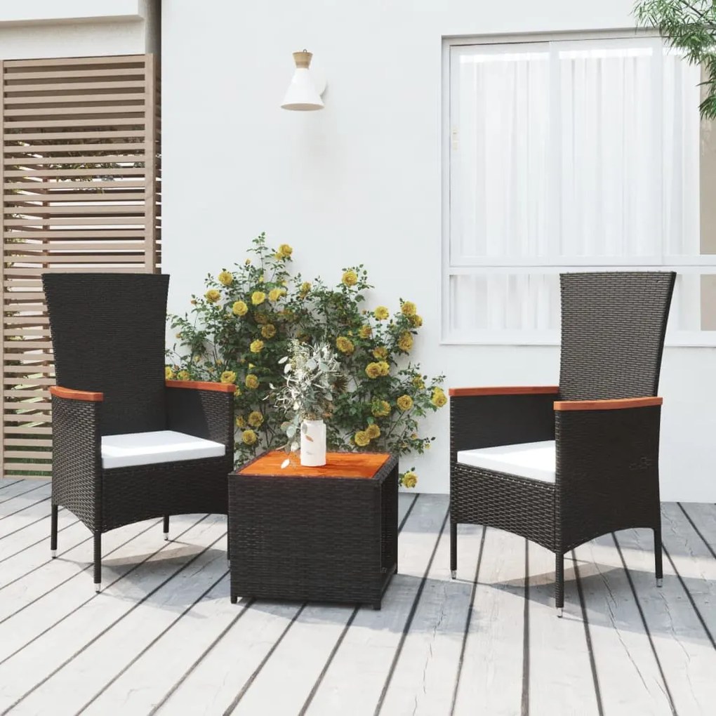 Set Mobili Giardino 3pz Nero Polyrattan e Legno Massello Acacia