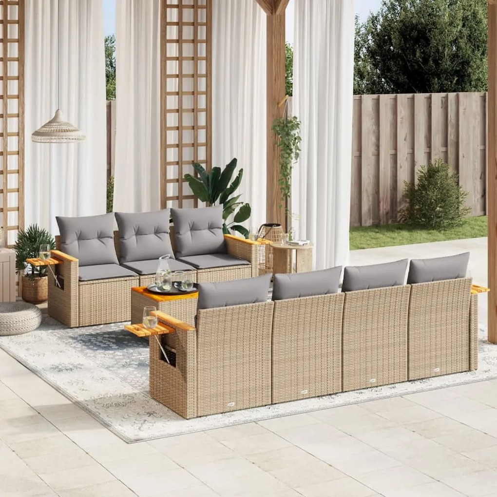 Set Divano da Giardino 8 pz con Cuscini Beige in Polyrattan