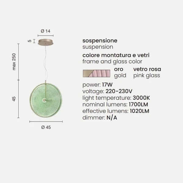 Lampada a sospensione LED JOKEY in metallo e vetro decorato ROSA 45 cm