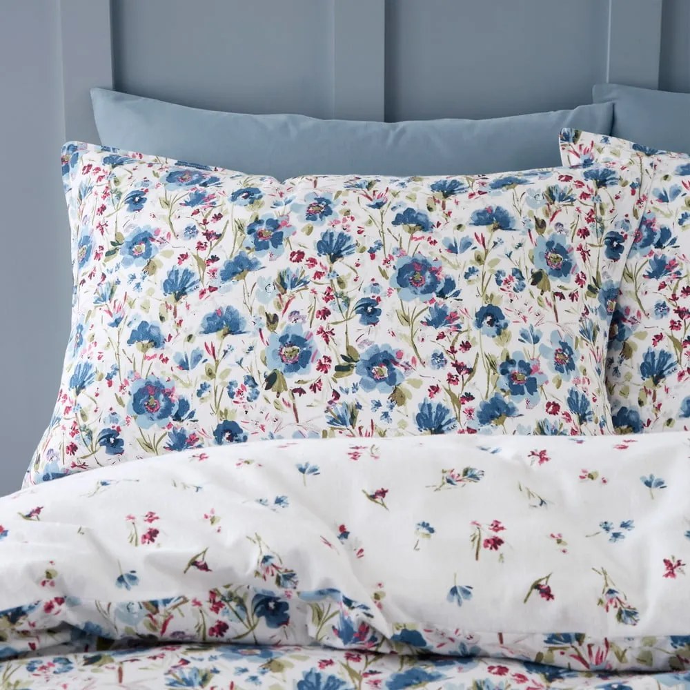 Biancheria da letto in flanella bianca e blu per letto matrimoniale 200x200 cm Ophelia Floral - Bianca