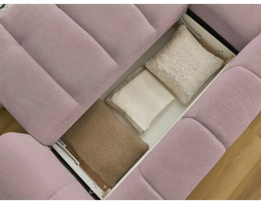 Divano angolare rosa allungabile e con contenitore (penisola a sinistra/chaise lounge) con rivestimento in ciniglia Fuji – Bobochic Paris
