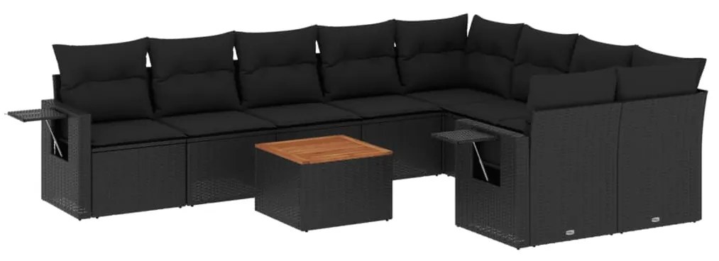 Set Divani da Giardino 10pz con Cuscini in Polyrattan Nero