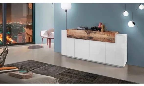 Credenza Moderna A 4 Ante 200x45x85,5 Bianco Lucido/Effetto Legno Corona