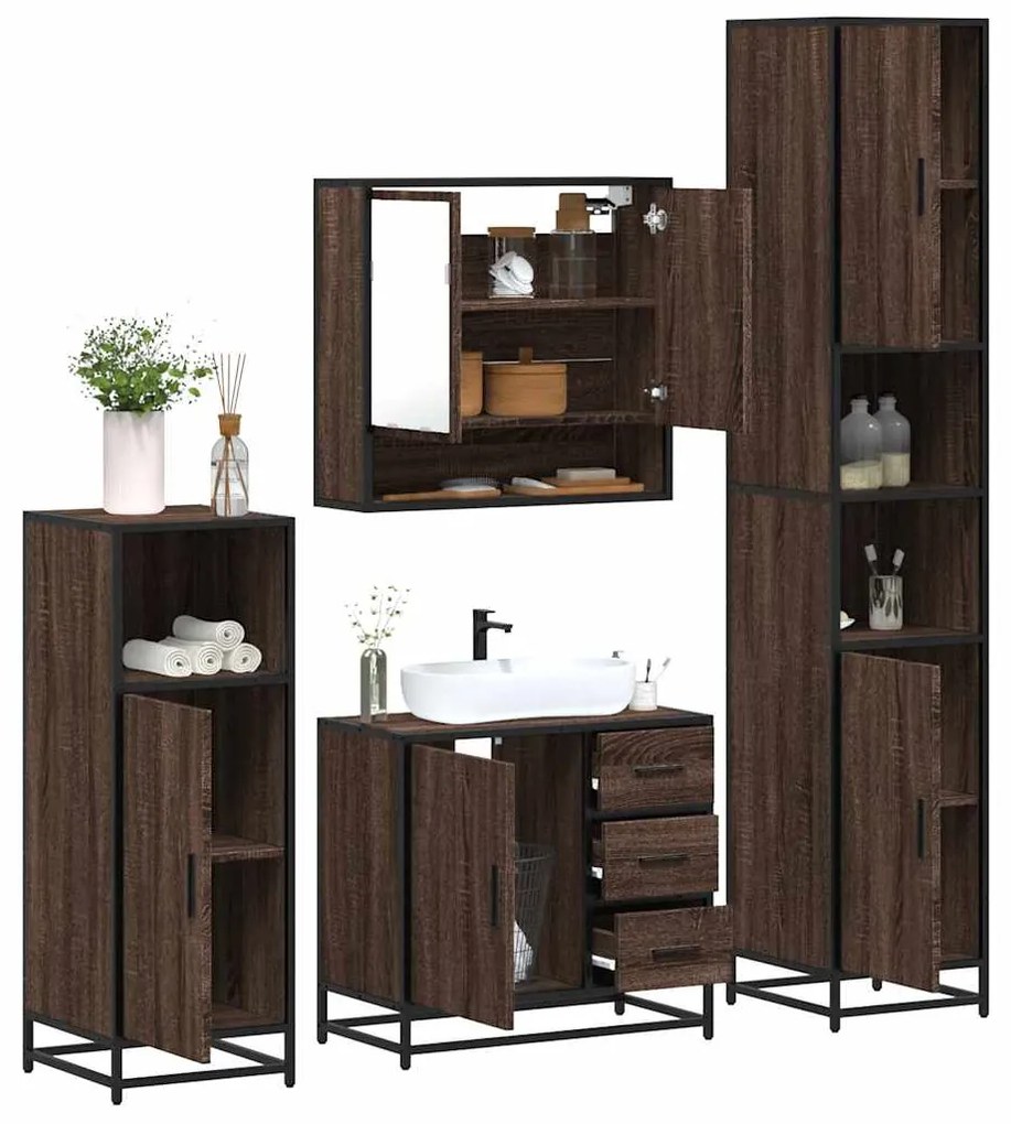 Set Mobili Da Bagno 4 Pz Rovere Marrone İn Legno Multistrato /