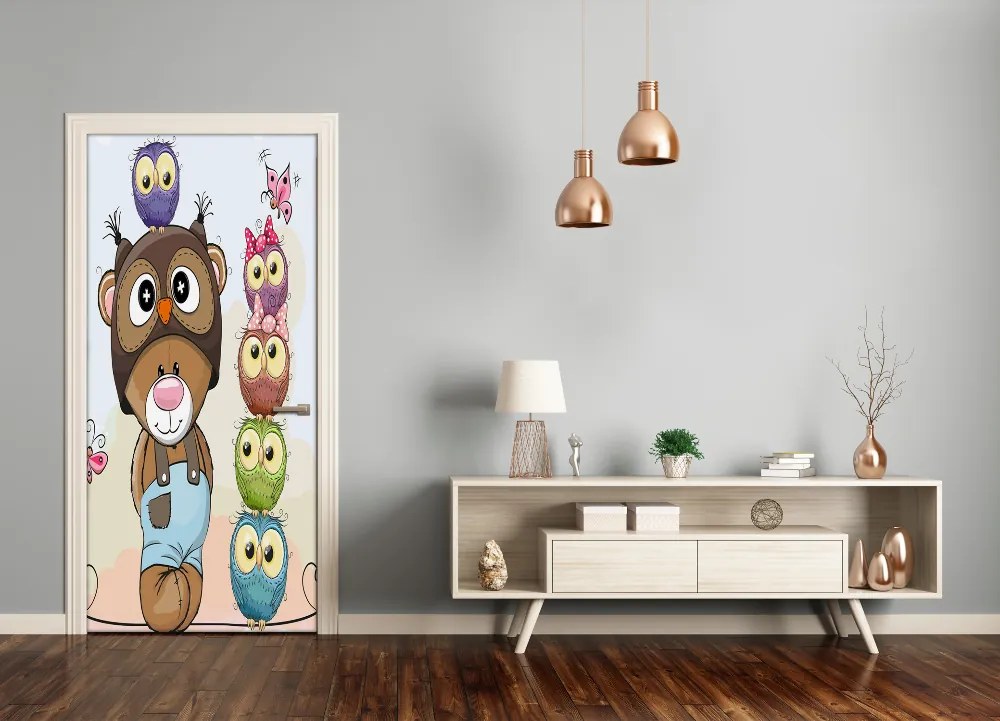 Poster adesivo per porta Orso e gufi 95x205 cm