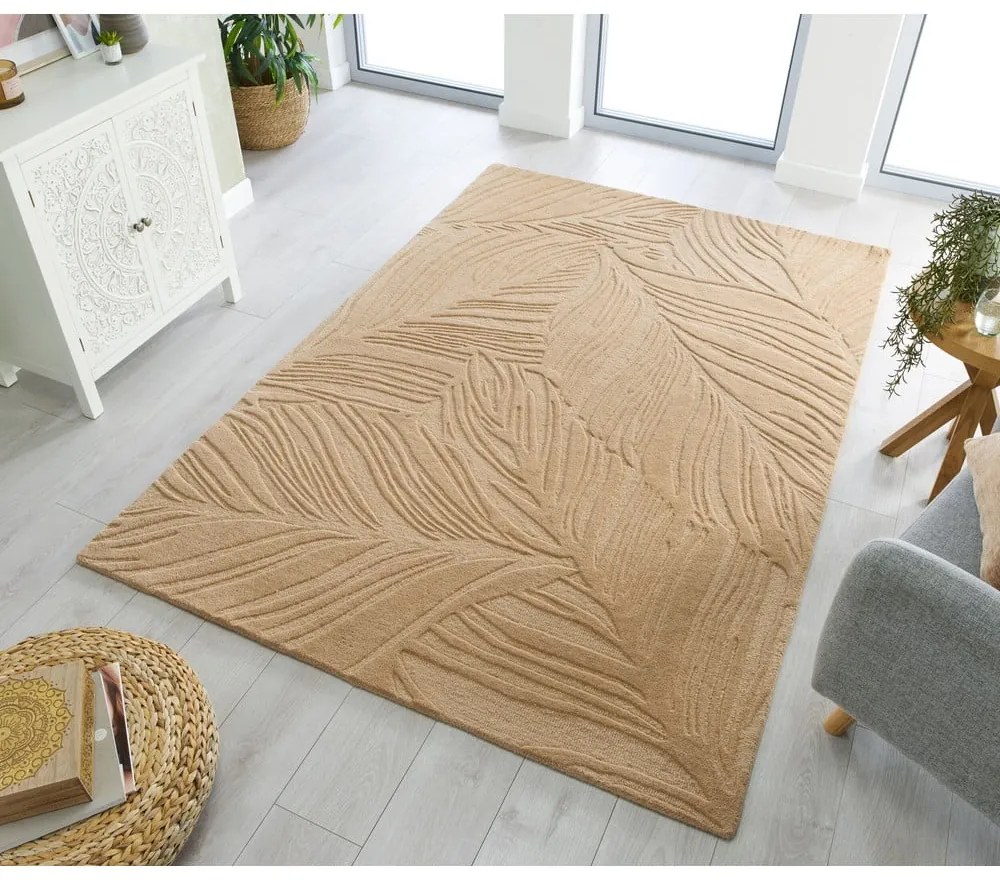 Tappeto in lana marrone chiaro 120x170 cm Lino Leaf - Flair Rugs
