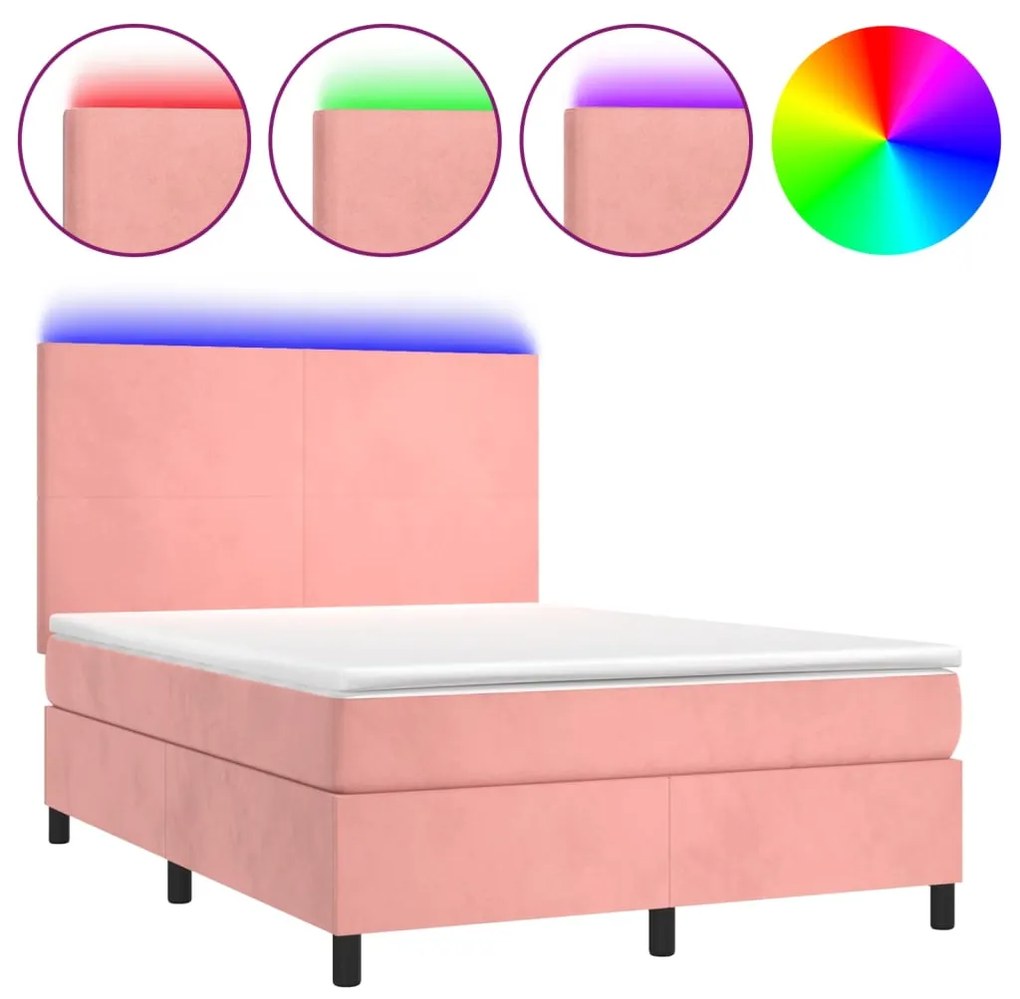 Letto a Molle con Materasso e LED Rosa 140x190 cm in Velluto