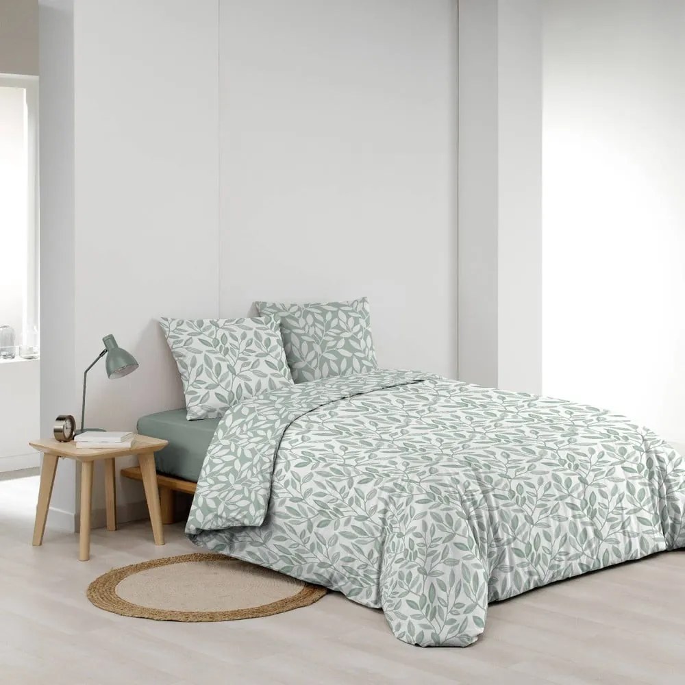 Set copripiumino e federa bianco/verde in microfibra per letto matrimoniale ed esteso 240x220 cm Sequoia – douceur d'intérieur