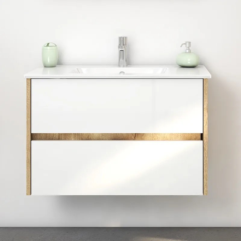 Kamalu - Composizione bagno 80 cm rovere naturale e bianco lucido | LAC-AMFI-80RB