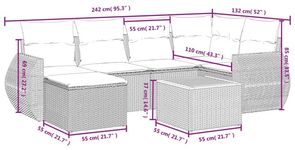 Set Divani da Giardino con Cuscini 7pz Nero Polyrattan