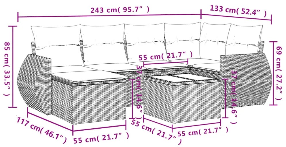 Set divani da giardino 7 pz con cuscini beige in polyrattan