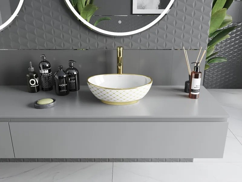 Mexen Elza lavandino da appoggio 40 x 33 cm, bianco/oro motivo griglia - 21014009