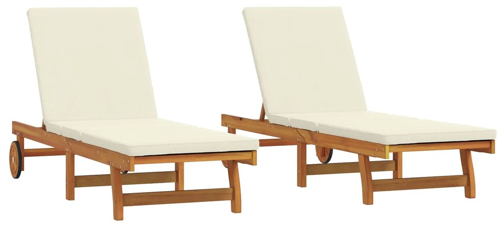 Lettini prendisole 2 pz con ruote e cuscino in legno massello di acacia
