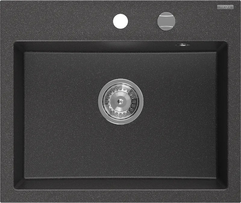 Mexen Oscar lavello da cucina in granito a 1 vasca 580 x 490 mm, nero punteggiato, sifone cromato - 6519581000-76