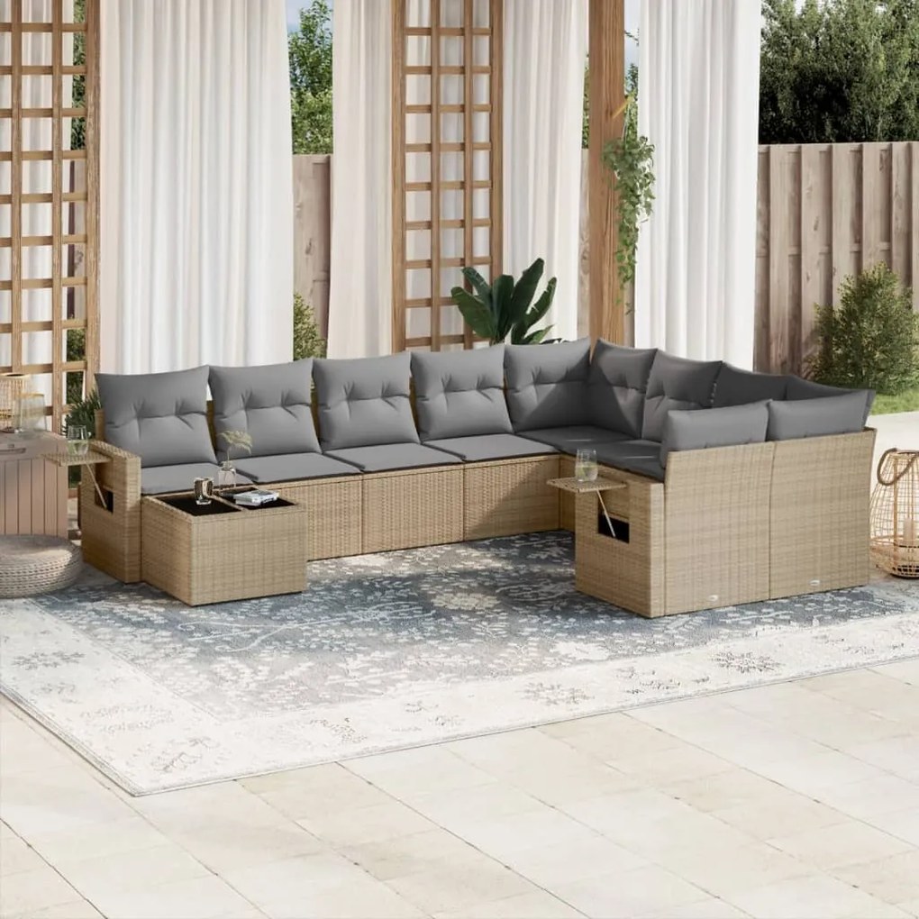 Set divano da giardino 10 pz con cuscini beige in polyrattan