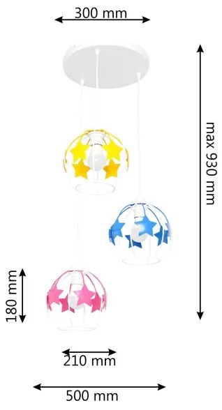 Lampadario a sospensione per bambini STARS 3xE27/15W/230V blu/rosa/giallo