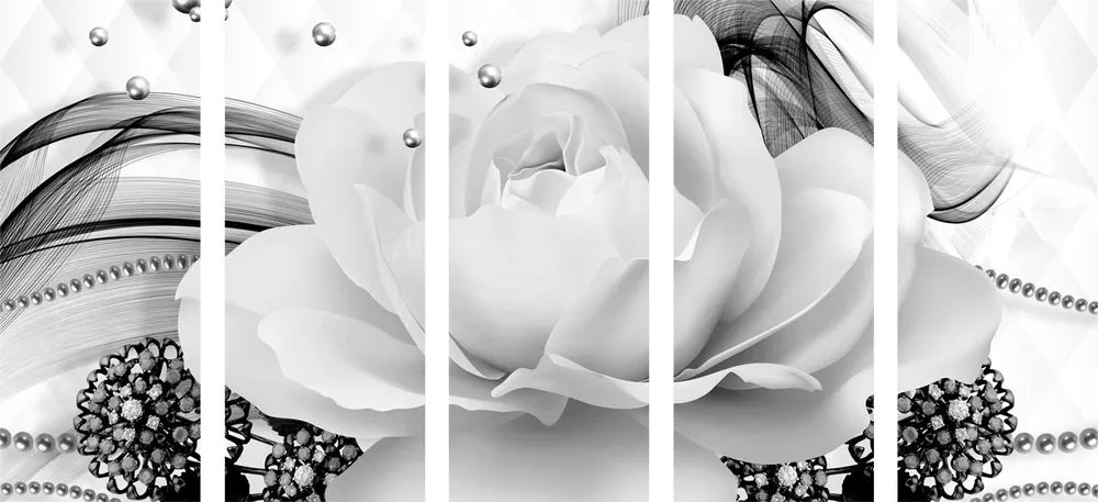 Quadri 5 pezzi – Rose lussuose in bianco e nero