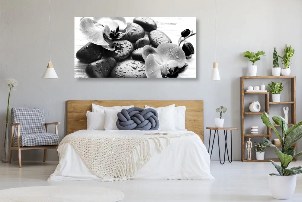 Stampa su tela – Magica armonia di pietre e orchidee in bianco e nero